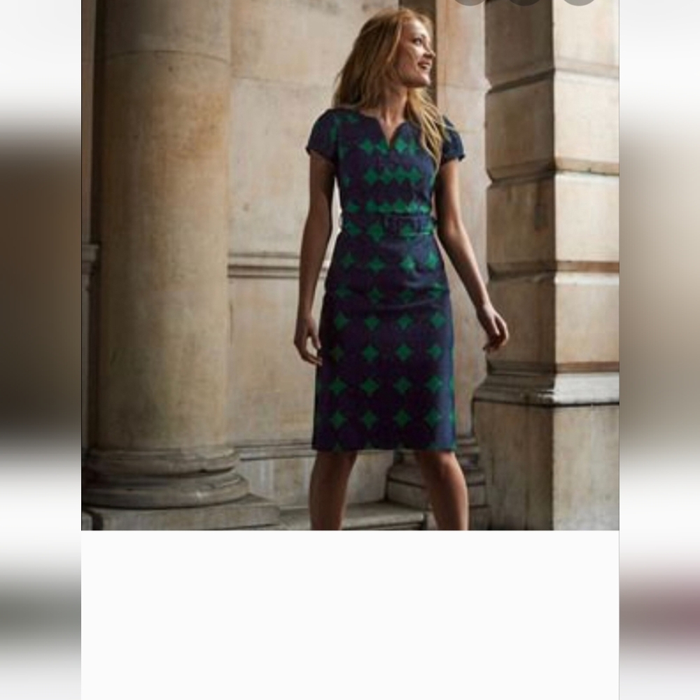 Fitted Navy Midi Dress with Emerald Geometric Print